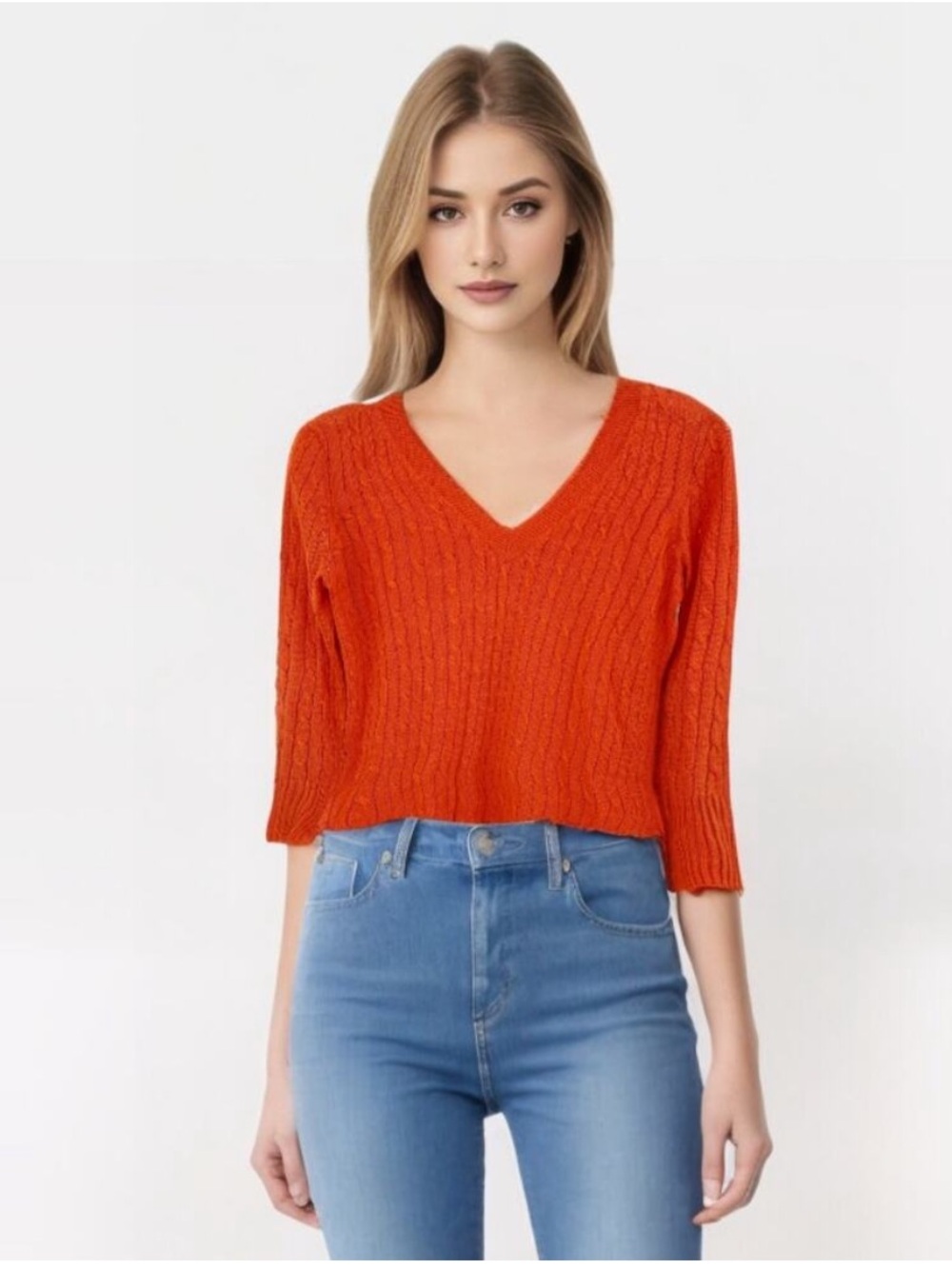 J CREW Linen Sweater Size XS Orange Knit V-Neck Thin Long Sleeve Pullover